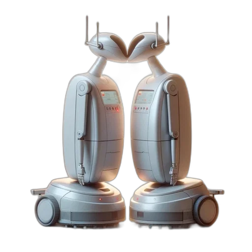 robot, 3d render, concept art, two, identical, robots, stand, face-to-face transparent PNG cut-out