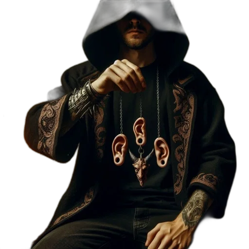 jacket, face, concept art, photorealistic, pixel art, cyberpunk, dark, hooded transparent PNG cut-out