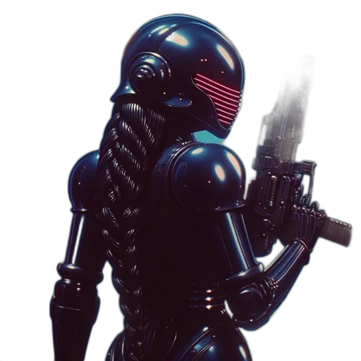 robot, weapon, staff, concept art, cyberpunk, 3d render, pixel art, outer space transparent PNG cut-out