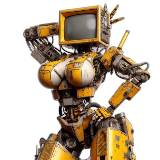 robot, concept art, 3d render, cyberpunk, pixel art, golden, yellow, gray transparent PNG cut-out