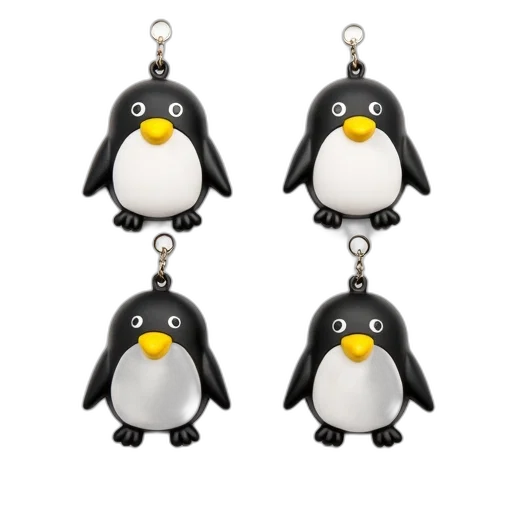 jewelry, 3d render, set, four, penguin-shaped, keychains, arranged, square transparent PNG cut-out