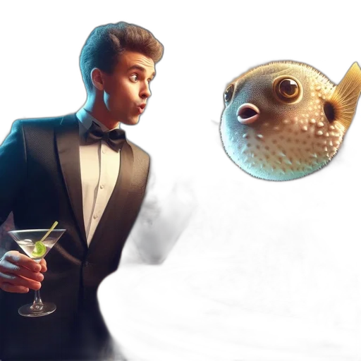 concept art, 3d render, photorealistic, cartoon, underwater, man, tuxedo, holds transparent PNG cut-out