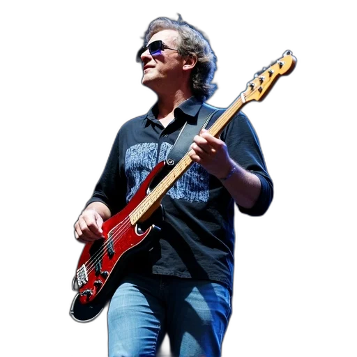 musician, playing, bass, guitar, stage, wearing, black, shirt transparent PNG cut-out