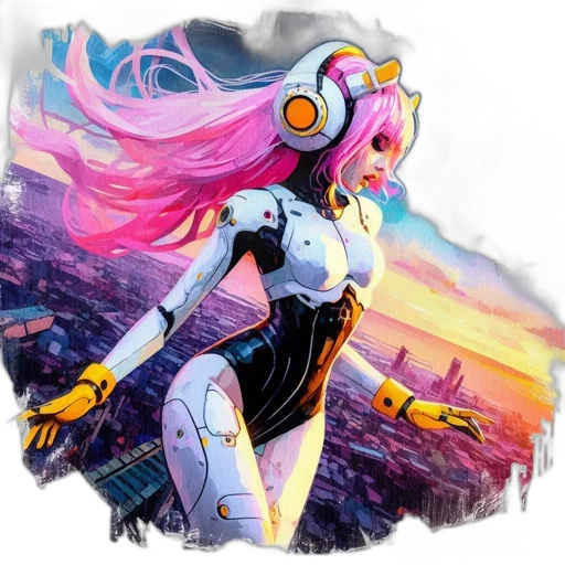 robot, concept art, comic book art, fantasy art, cyberpunk, outer space, neon lights, pastel transparent PNG cut-out