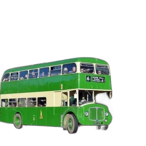 3d render, concept art, photorealistic, vintage, green, double-decker, bus, driving transparent PNG cut-out