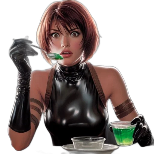 food, comic book art, concept art, cyberpunk, fantasy art, neon lights, green, woman transparent PNG cut-out