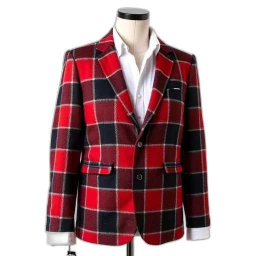 jacket, mannequin, displays, red, black, plaid, white, collar transparent PNG cut-out