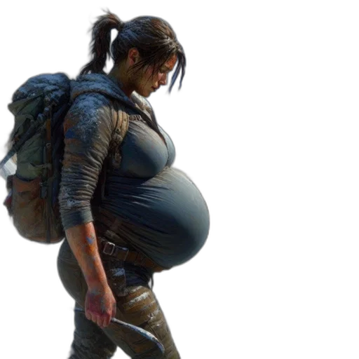 concept art, 3d render, photorealistic, woman, dressed, rugged, clothing, carrying transparent PNG cut-out