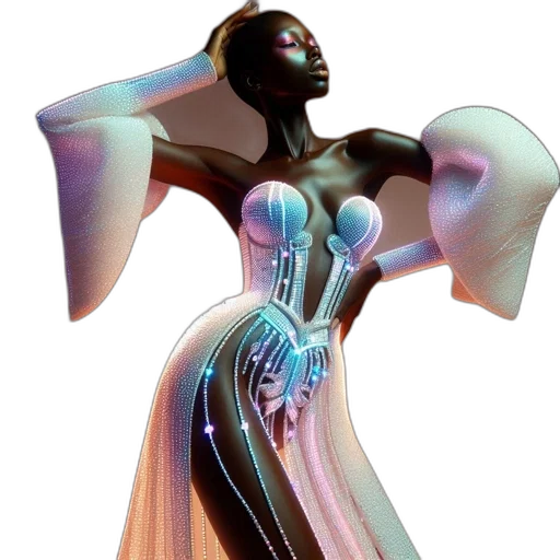 dress, jewelry, robot, staff, 3d render, concept art, vaporwave, fantasy art transparent PNG cut-out