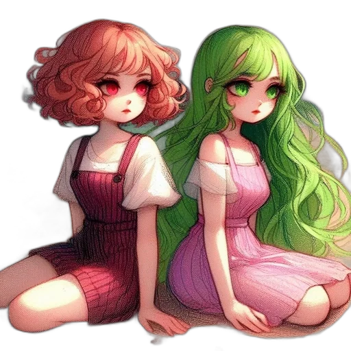 dress, hair, pixel art, watercolor, concept art, anime, green, colorful transparent PNG cut-out