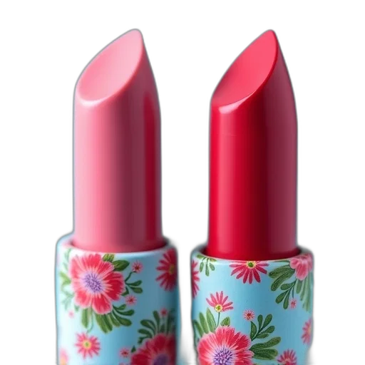 red, close-up, image, two, lipsticks, floral, patterns, their transparent PNG cut-out