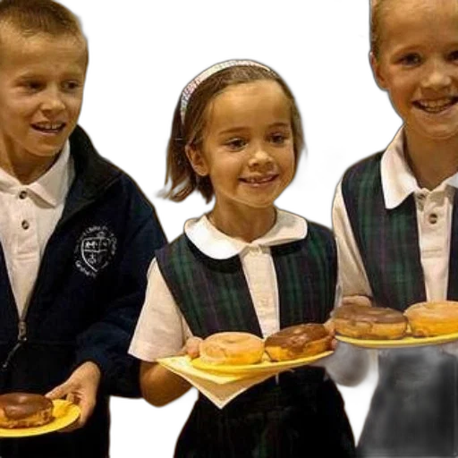 food, three, children, school, uniforms, hold, plates, chocolate-covered transparent PNG cut-out