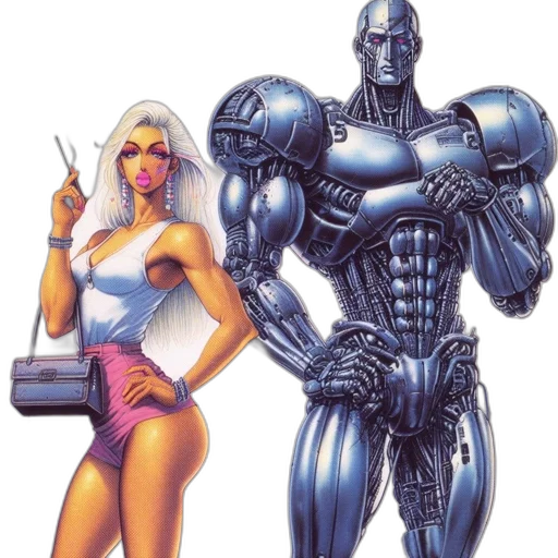 robot, comic book art, concept art, vaporwave, cyberpunk, two, figures, appear transparent PNG cut-out