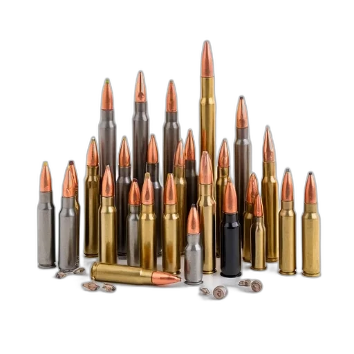 weapon, earth tones, collection, variously, sized, bullets, displayed, white transparent PNG cut-out