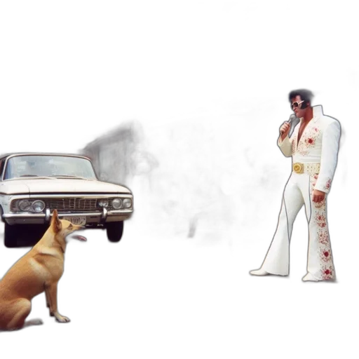 car, animal, concept art, man, elvis-like, suit, sings, into transparent PNG cut-out