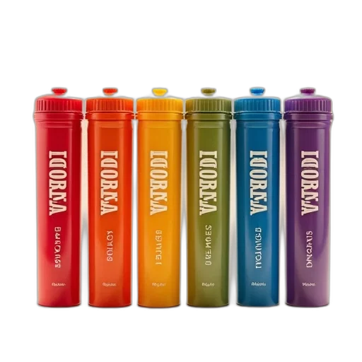 bottle, colorful, neon, set, six, cylindrical, labeled, tubes transparent PNG cut-out
