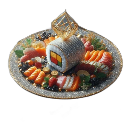 jewelry, food, crown, 3d render, photorealistic, lavish, sushi, platter transparent PNG cut-out