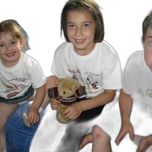 shoes, photorealistic, three, children, sit, bed, one, holding transparent PNG cut-out