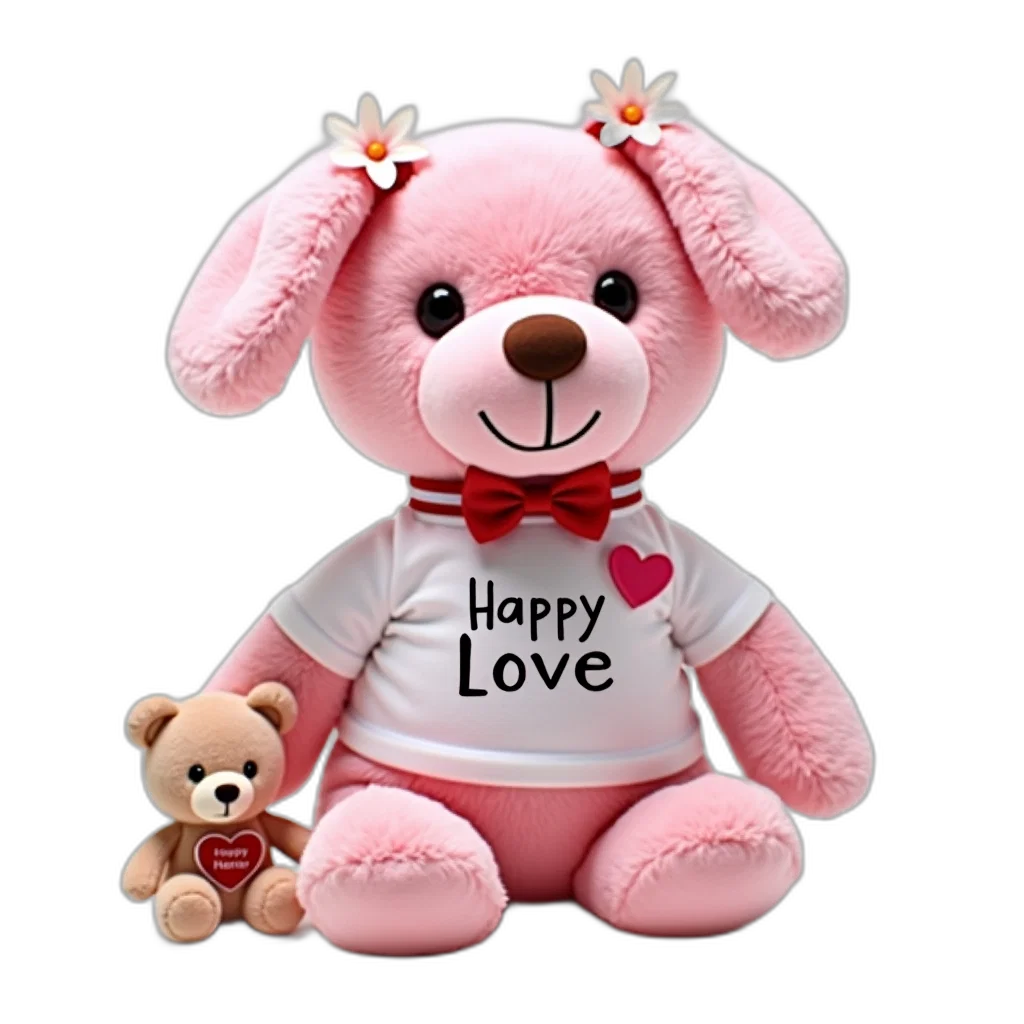 3d render, photorealistic, cartoon, plush, toy, pink, dog, white transparent PNG cut-out