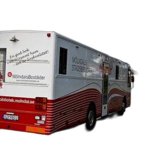 red, white, bus, text, molndals, stadsbibliotek, side, driving transparent PNG cut-out