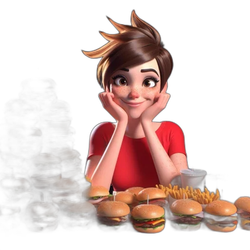 food, 3d render, concept art, photorealistic, cartoon, young, woman, short transparent PNG cut-out