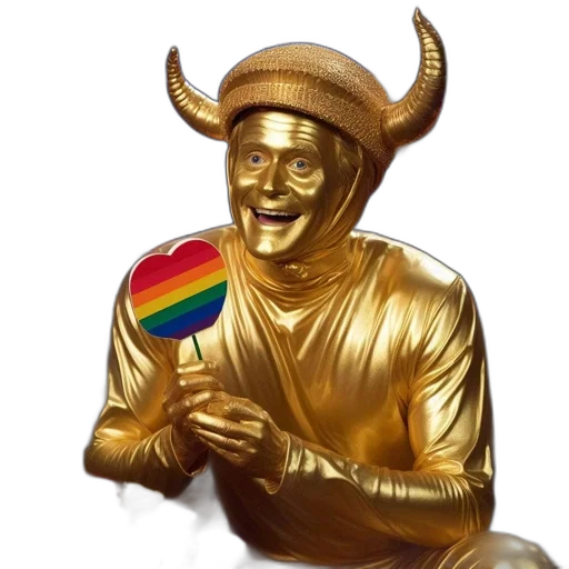 mask, hat, individual, wearing, golden, suit, horns, holds transparent PNG cut-out