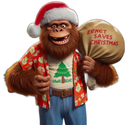 3d render, photorealistic, festive-dressed, gorilla, character, labeled, ernet, saves transparent PNG cut-out