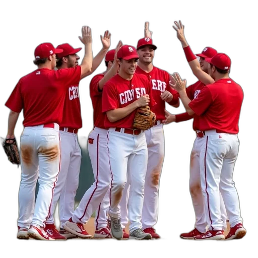 group, baseball, players, red, white, uniforms, celebrating, field transparent PNG cut-out