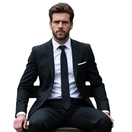 jacket, furniture, staff, face, photorealistic, man, sitting, bench transparent PNG cut-out