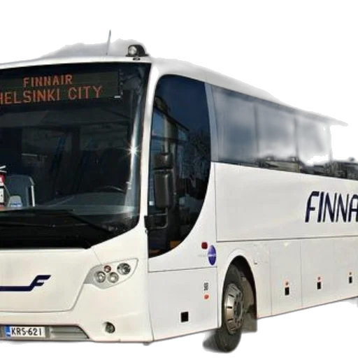 3d render, photorealistic, white, bus, finnair, written, side, helsinki transparent PNG cut-out