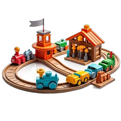 concept art, 3d render, city street, colorful, toy, train, set, various transparent PNG cut-out
