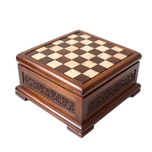 furniture, crown, 3d render, wooden, box, checkered, pattern, lid transparent PNG cut-out