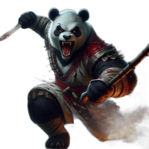 animal, fantasy art, concept art, photorealistic, comic book art, bloodied, armored, panda transparent PNG cut-out