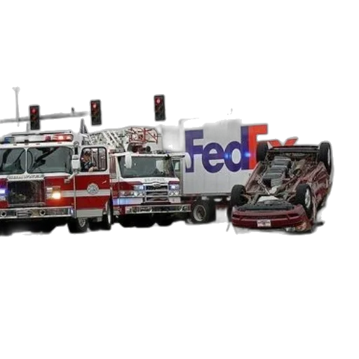 car, fire, red, overturned, side, middle, street, fedex transparent PNG cut-out
