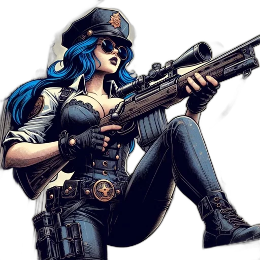 weapon, comic book art, concept art, cyberpunk, cartoon, blue, woman, hair transparent PNG cut-out