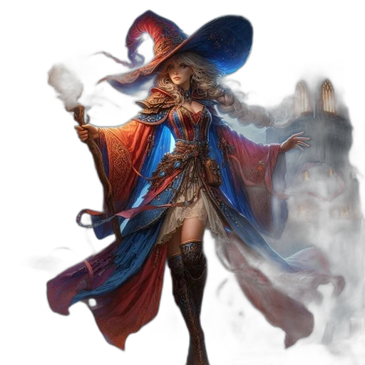 dress, staff, fantasy art, concept art, comic book art, pixel art, fog, fantasy transparent PNG cut-out