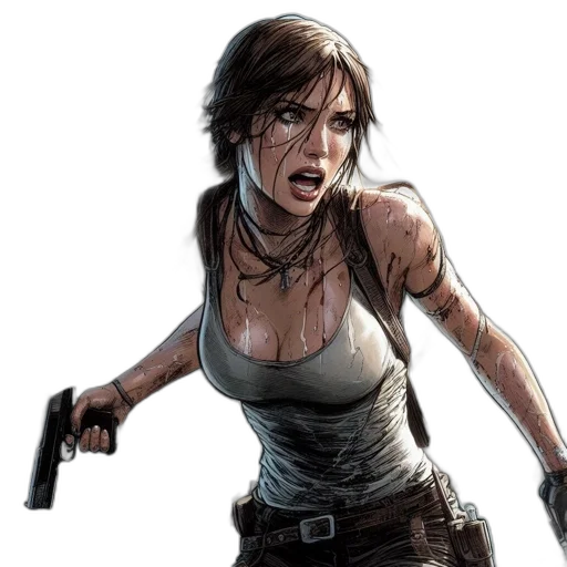 comic book art, concept art, pixel art, photorealistic, female, warrior, soaked, white transparent PNG cut-out