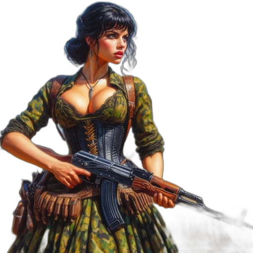 weapon, dress, fantasy art, concept art, photorealistic, oil painting, woman, wearing transparent PNG cut-out