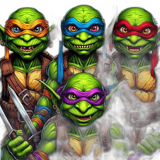 concept art, comic book art, fantasy art, four, anthropomorphic, green, beings, like transparent PNG cut-out