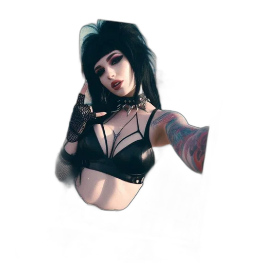 fantasy art, cyberpunk, photorealistic, concept art, dark, gothic-styled, woman, sits transparent PNG cut-out