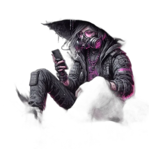 mask, robot, staff, jacket, concept art, fantasy art, cyberpunk, watercolor transparent PNG cut-out