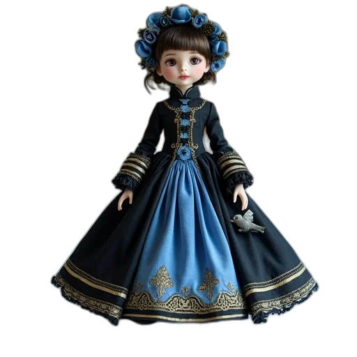 dress, 3d render, concept art, doll, dressed, blue, black, victorian-style transparent PNG cut-out