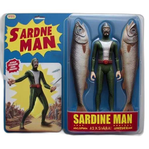 package, displays, sardine, man, toy, figure, wearing, green transparent PNG cut-out