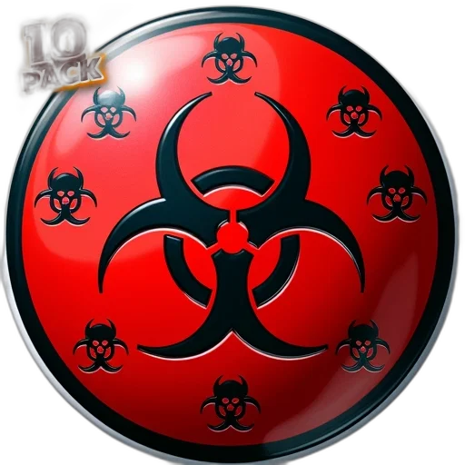 red, black, circular, sticker, biohazard, symbol, center, surrounded transparent PNG cut-out