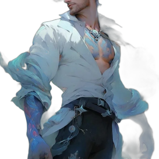 jacket, staff, face, sword, concept art, fantasy art, cyberpunk, photorealistic transparent PNG cut-out