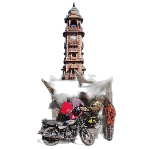 3d render, photorealistic, concept art, bustling, market, scene, prominent, clock transparent PNG cut-out