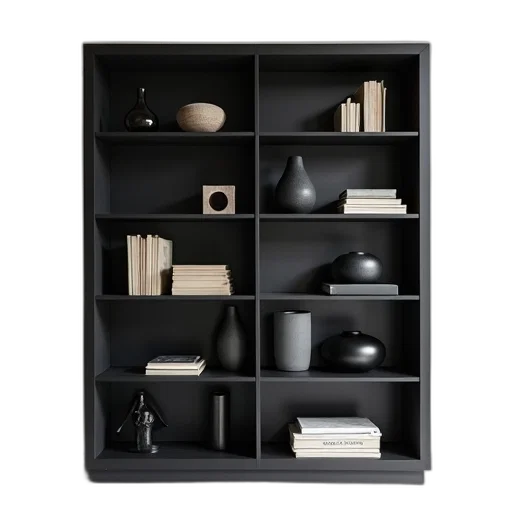furniture, 3d render, dark, monochrome, black, modern, bookshelf, sleek transparent PNG cut-out