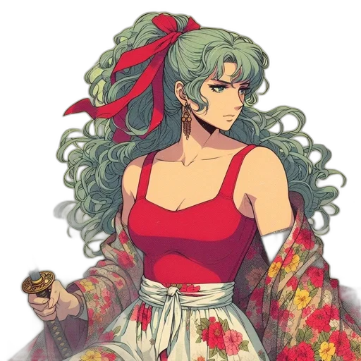 dress, flower, staff, pixel art, concept art, vaporwave, anime, red transparent PNG cut-out