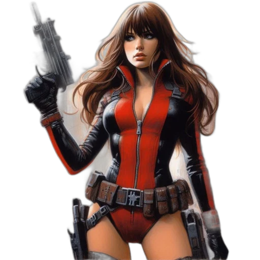 comic book art, concept art, photorealistic, 3d render, red, female, character, long transparent PNG cut-out