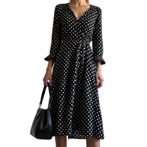 dress, monochrome, dark, polka, dot, midi, black transparent PNG cut-out